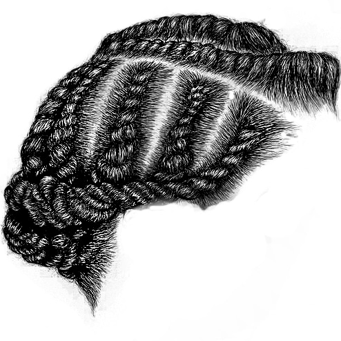 Black and white vector picture of twisted cornrow flat twist against head.