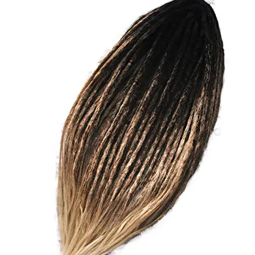 A bundle of brown and black fading ombre faux locs set of hair on white background.