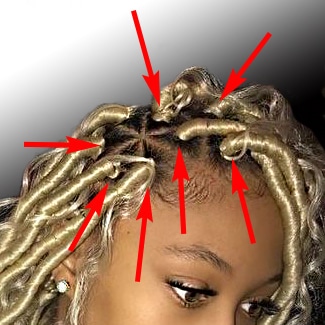 Black girl with blonde goddess faux locs wrapped in a protective styling with red arrows pointing at her roots.