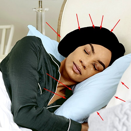 Model female of african descent sleeping with a silk bonnet on a silk pillow case in her pajamas in a bed.