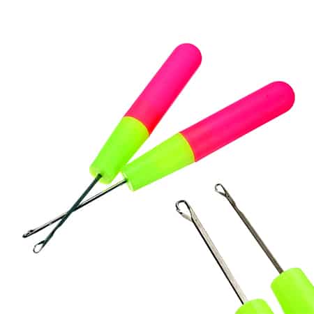 Two crochet needles for latch hooking yarn or hair with pink handles