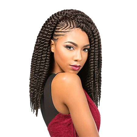 Skinny black girl wearing half cornrowed and passion twisted hair