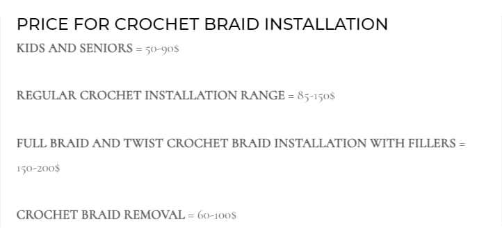 Crochet braid price for installations