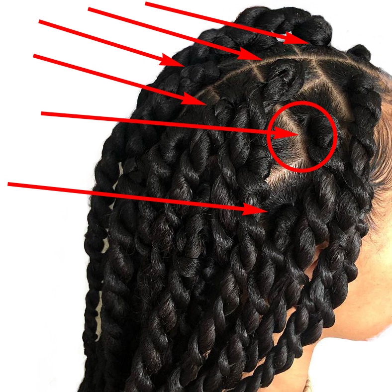 Senegalese twisted hair attachment points of box braid hair