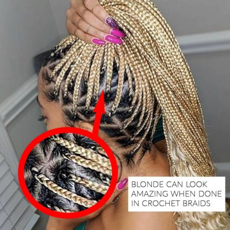 Blonde crochet braid hair looks amazing on light skinned model with nicely sectioned hair.