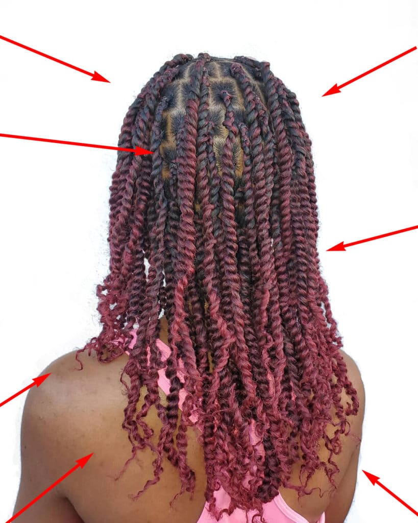 Burgundy passion twisted faux locs hair on an ebony model