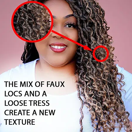 Zoom in of crochet faux locs mermaid hair and text that talks about the mix of hair.