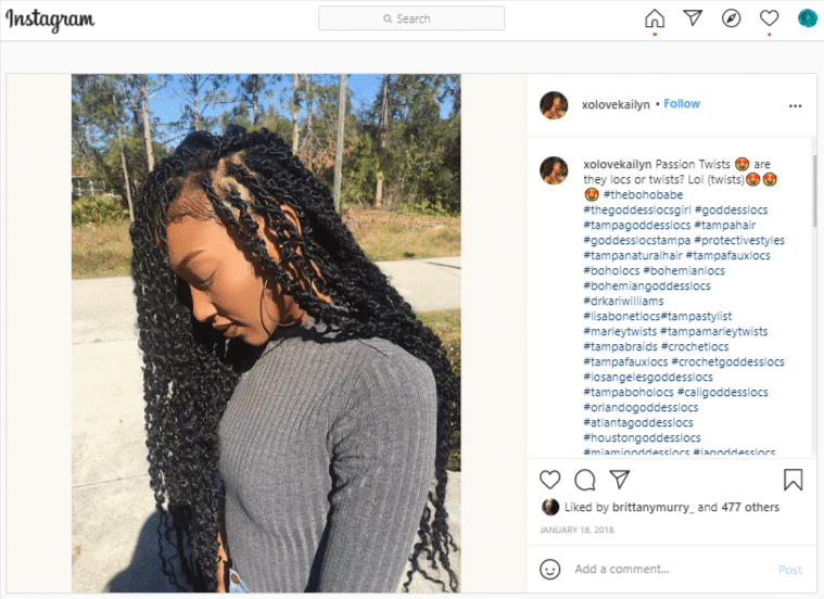 Showing proof and evidence of the boho babe posting passion twist hairstylings on her instagram account back in january of 2018