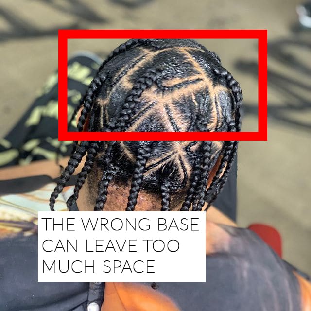 A visual representation of how too much space used when sectioning hair can leave faux locs looking bad and not natural.