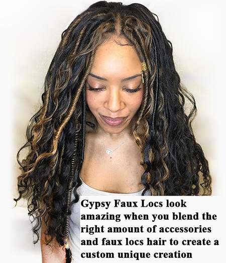 African model looking down with beautiful brown and black gypsy faux loc crochet hair