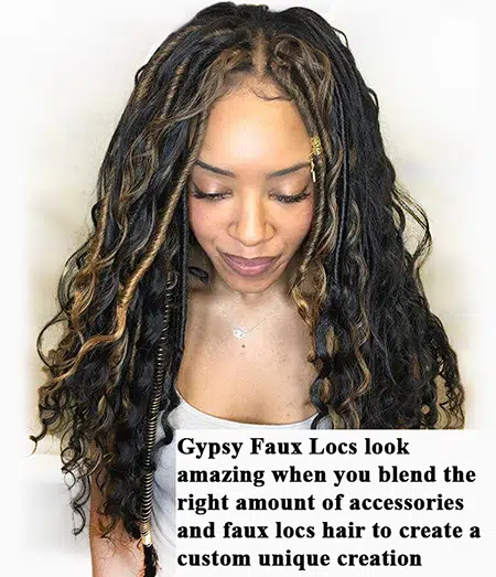 African model looking down with beautiful brown and black gypsy faux loc crochet hair
