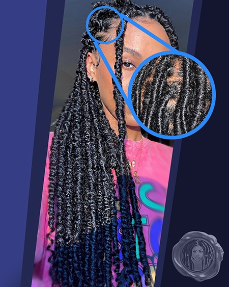 Young black female with distressed black crochet faux locs hair gypsy locs