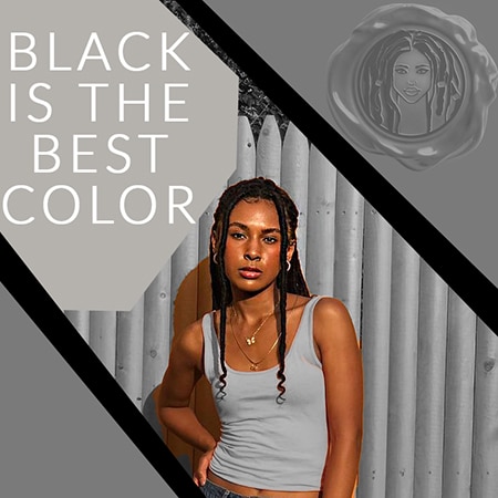 Black model wearing long black faux locs crochet hair extensions infant of cement wall while wearing a grey tank top shirt