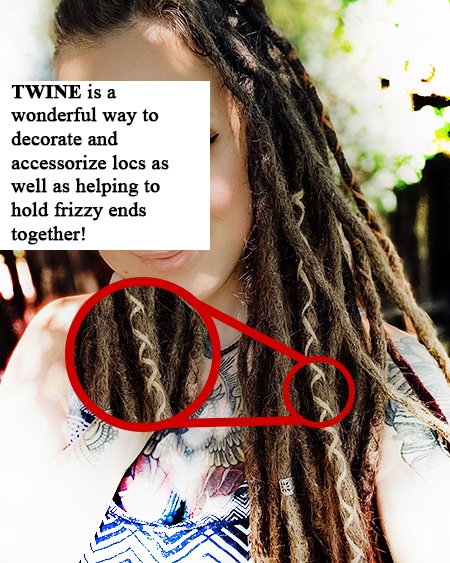 Female with light skin wearing bohemian boho faux locs with dreadlock twine accessorized in her hair