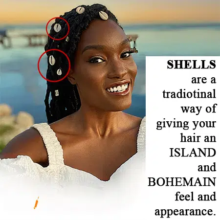 Bohemian styled princess wearing crochet faux locs with shells as accessories in her locs
