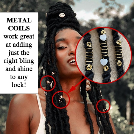 African black queen with bohemian black faux locs that are accessorized with gold and silver metal coils