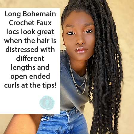 Black teen with long black bohemian faux locs with curly ends