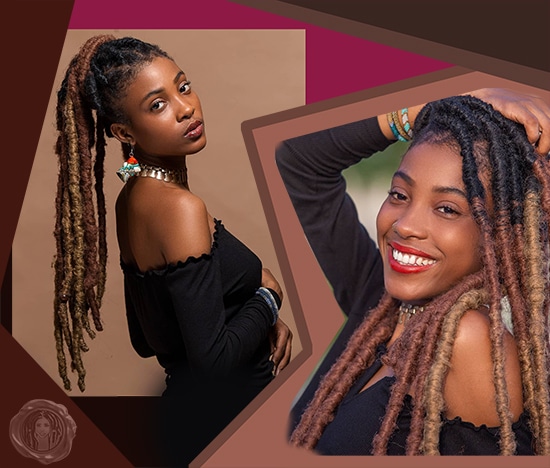 Two beautiful black women smiling with brown and blonde crochet faux locs hair attached to their heads while wearing black sweaters.