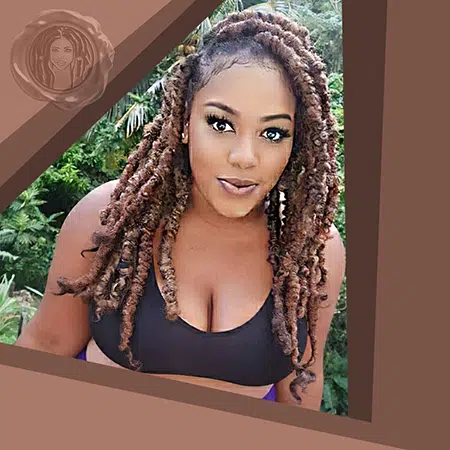 Portrait shot of busty black female with sports bra wearing thick distressed brown butterfly crochet faux locs hair asin amazon