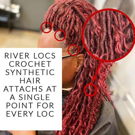 Burgundy red river locs crochet hair extensions on black woman at a salon