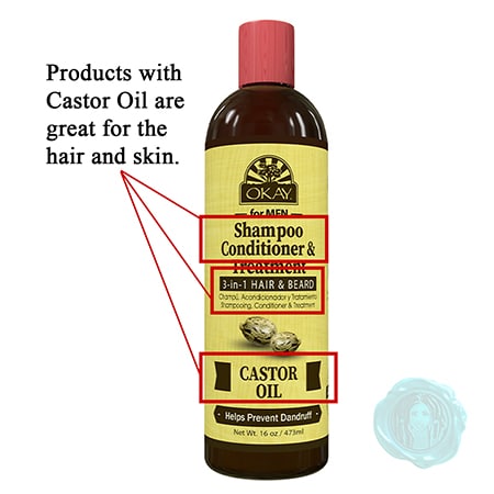 Bottle of castor oil for hair with conditioner and shampoo in brown bottle
