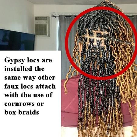 Back of black womens head showing small sections of hair that are boxed in shape for attachment of gypsy crochet locs with ombre color schemes.