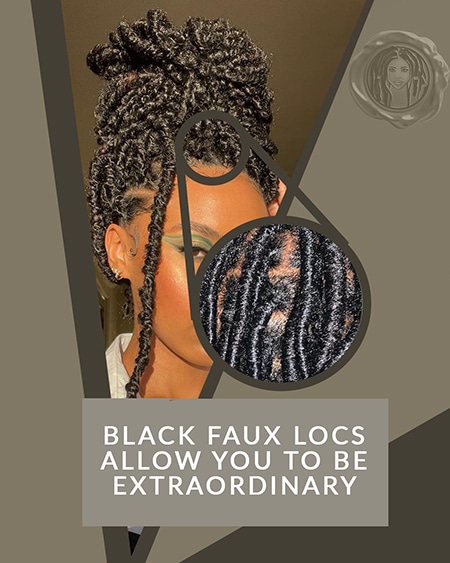 Smooth black face with crochet locs black gypsy faux locs in a bun with half up and half down