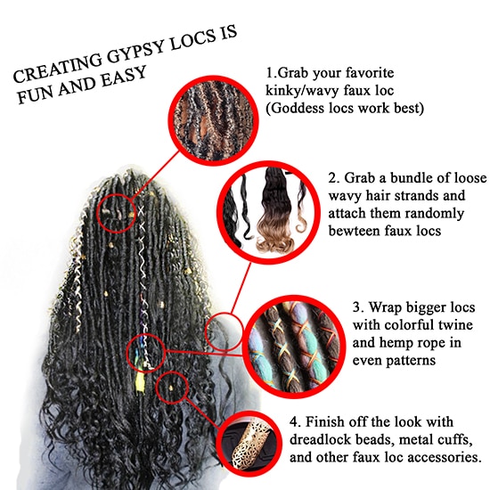 Gypsy faux locs hair from back view with all the accessories and add-on to achieve a gypsy crochet faux loc hairstyle and look.
