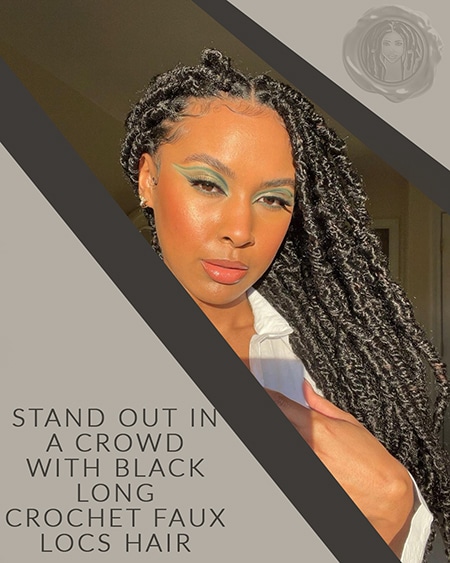 Woman of african descent with short black faux locs hair and green eye shadow.