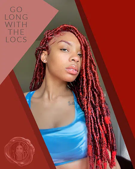Black teen solo with tied long red crochet faux locs hair