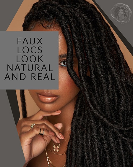 Black faux locs on african model with perfect skin and hands