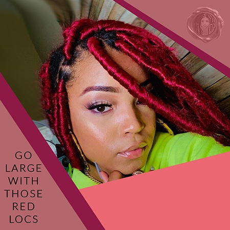 Young black female wearing jumbo red goddess crochet faux locs hair.