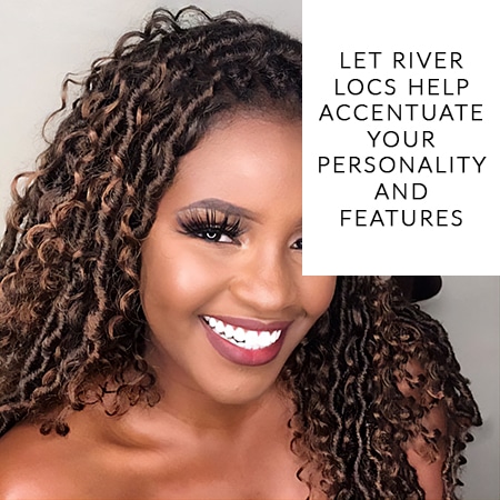 Beautiful black woman smiling with river locs in brown colors and a white smile