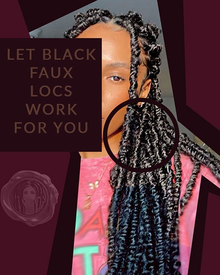 Dark colored black faux locs on black girl with pink jacket in studio