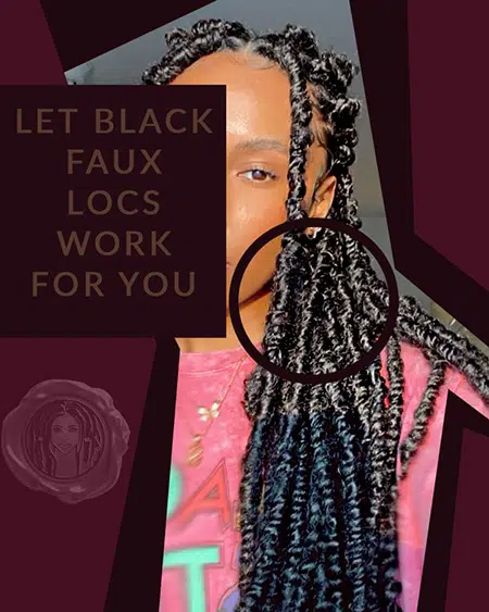 Dark colored black faux locs on black girl with pink jacket in studio