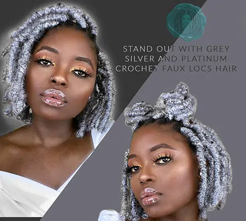 Black women wearing silver grey faux locs hair extension crochet bob hairstyle