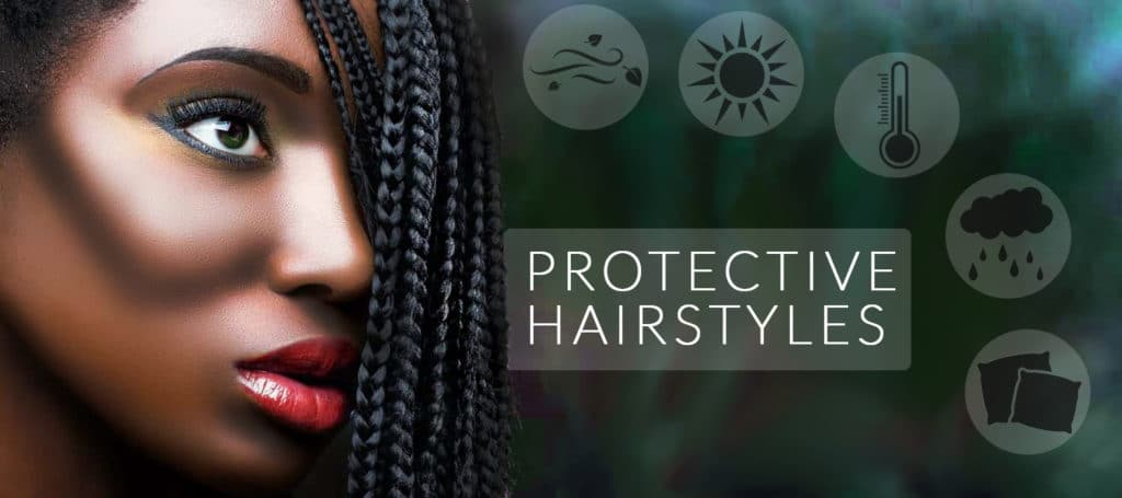 Protective hairstyles header graphic with beautiful black female and all the elements.