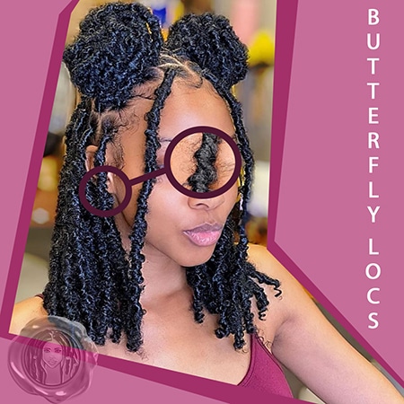 Pink butterfly locs poster with black girl wearing space buns butterfly locs hair.