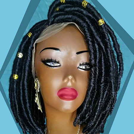 Short bob faux locs dreadlock wig on black manikin model