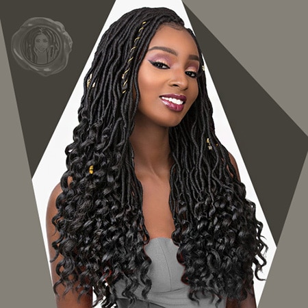 Perfect black model with dark medium length goddess locs amazon hair past shoulder length crochet braids