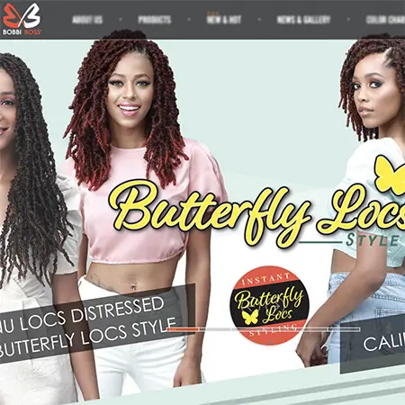 Black girl three some models wearing butterfly locs crochet faux locs bobbi boss hair extensions