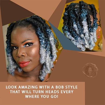 African woman with ombre blue faded faux locs bob length.