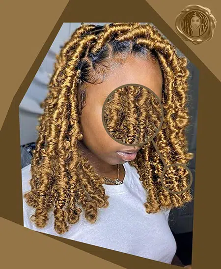 Black teen girl wearing a white shirt with styled hair made with gold autumn honey crochet faux locs hair.