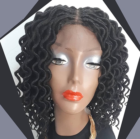 Kinky curly black dreadlocks on wig with center part.