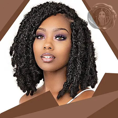 Black model wearing shoulder length butterfly locs crochet hair at medium length and a great smile