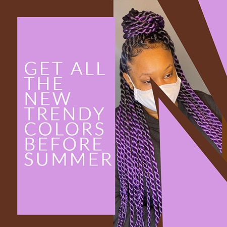 Light skin model with purple havanna twist crochet faux locs hair installed in her head