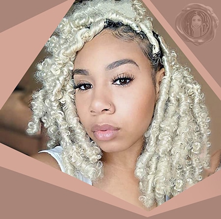 Beautiful black girl with white blonde short butterfly crochet faux locs hair at shoulder length