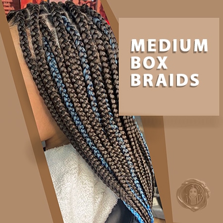 Mixed medium box braids hair colors of blue and black natural colors.