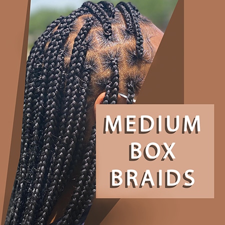 Info graphic showing medium box braids evenly sectioned off on a black woman's head at a salon.