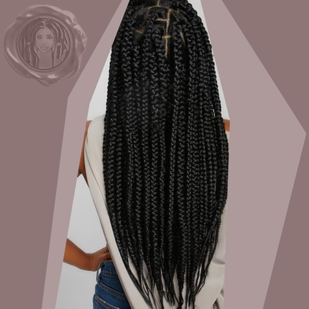 Long black box braid hair size being represented in rear shot photo.